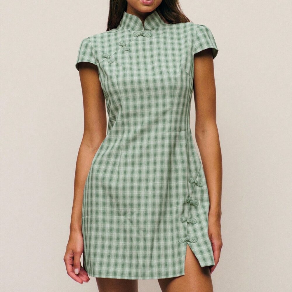 Aqua Green Casual Women's Neo-Chinese Cheongsam Break Dress - Picture 4 of 8